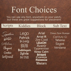 May include: A chart with a brown background and white text lists font choices for a patch. The chart is divided into four columns: Scripts, Kiddies, Block, and Sub Text. Each column lists different font names.