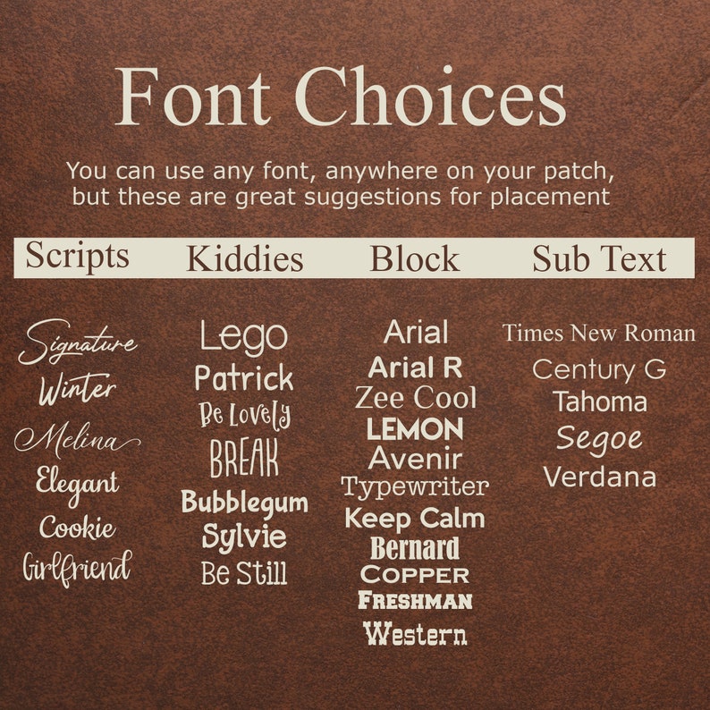 May include: A chart with a brown background and white text lists font choices for a patch. The chart is divided into four columns: Scripts, Kiddies, Block, and Sub Text. Each column lists different font names.