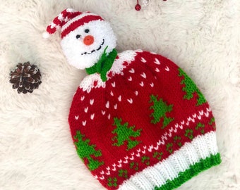 Hand Knit Christmas Hat Snowman Beanie Adult and 4-16 Years