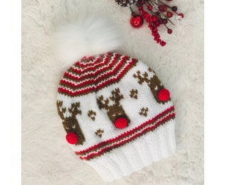 Gorro navideño de reno tejido a mano, estilo Rodolfo, para adultos y niños de 4 a 6 años.