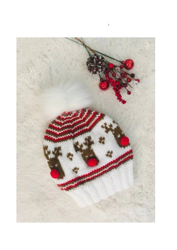 Hand Knit Reindeer Christmas Hat Rudolph Beanie Adult and 4-6 years size