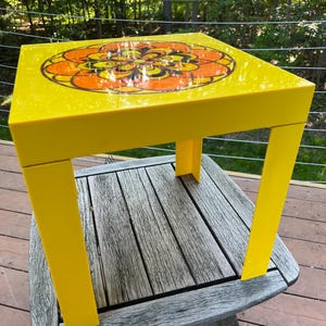 Vintage 70s Yellow Plastic Parsons Coffee Table: Mod Flower Power Art Design