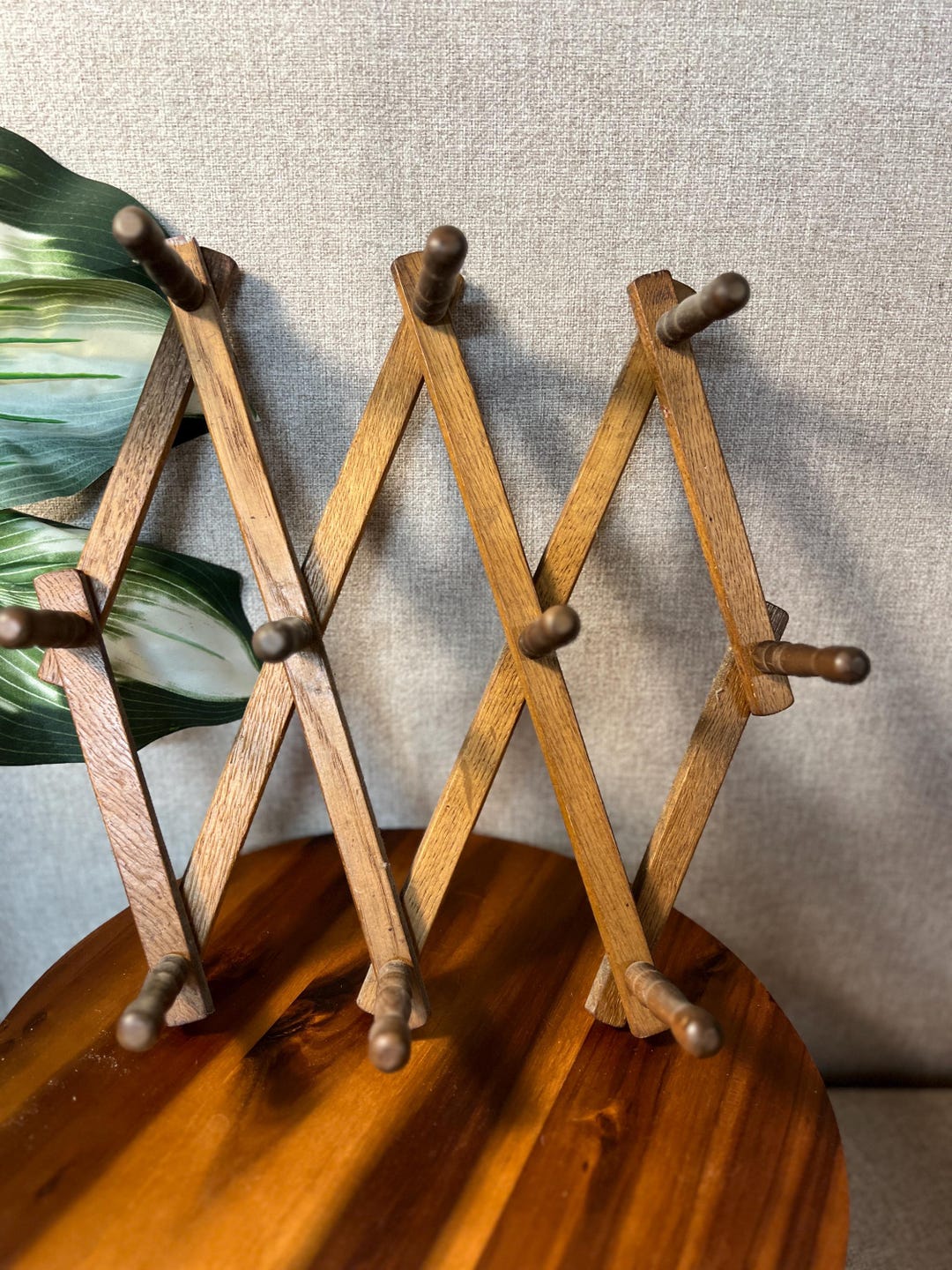 VTG Wood Accordion Wall Hanger Clothes Dryer Hat Rack Mugs Spices 10 Turned Pegs Made in japan