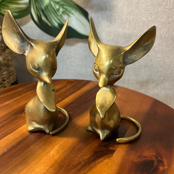 Pair Vintage Brass Mouse Sculpture Figurine Ornament Decor 5" aged Patina Korea