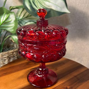 Vintage MOSSER GLASS Ruby Red Covered Candy Dish Compote Eye Winker 7"