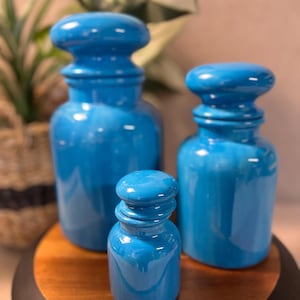 Vintage Set of 3 MCM Thick Ceramic Apothecary Jar Lid Canister Blue Canister signed and dated