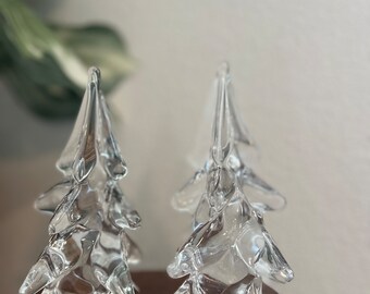 Set of 2 Vintage Hand Blown Art Glass Christmas Trees Clear