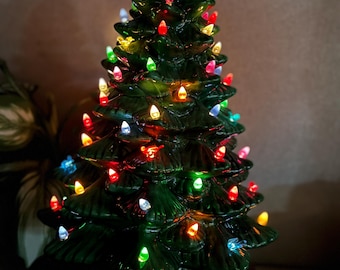 21” Ceramic Christmas Tree Lights Green Ceramic Nice Base small crack repaired on base under cannot see when together