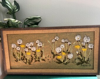 Vtg Crewel Floral Field Embroidery Fuzzy Flowers Matted wood Framed 32x16”
