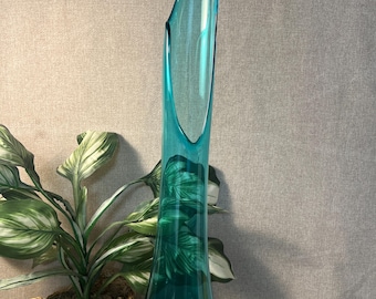 Vintage MCM LE Smith Peacock Blue Swung Glass Vase Turquoise Smoothie 26” Tall