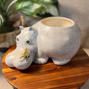 May include: A light gray ceramic hippo planter with a yellow and black bee accent on its snout. The planter has a large opening for plants and is sitting on a wooden surface.