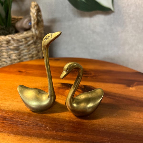 Vtg Solid Brass Swan Figurines MCM- Set Of 2