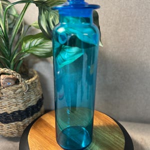 VTG Takahashi Apothecary Jar Daisy Lid Mid Century Modern  Blue 14&quot;H