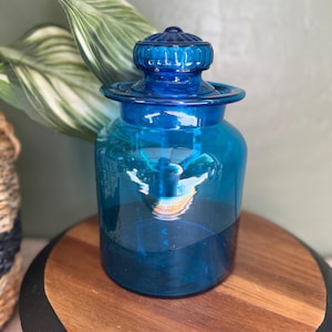 Vintage Takahashi Blue Peacock Blown Glass Apothecary 8.5” Jar Canister
