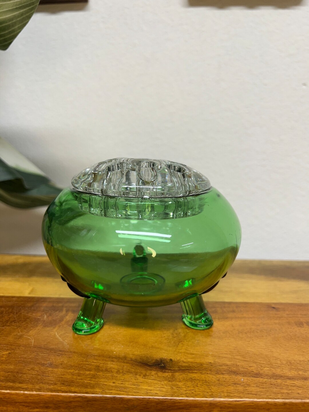 VINTAGE Viking 3 Footed Green Flower Bowl Vase & Glass FROG Etsy