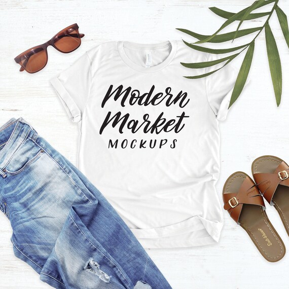 Summer White T-Shirt Mockup Bella Canvas Tee Flat