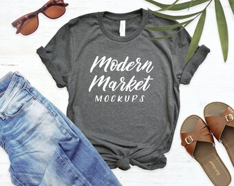 Download Free Summer Tshirt Mockup in Gray - Bella Canvas 3001 Flatlay PSD Template