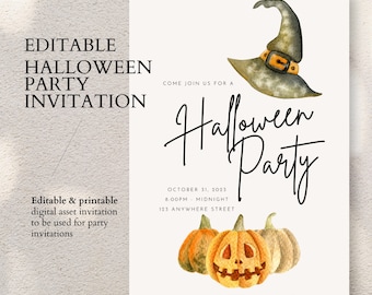 May include: Editable Halloween party invitation template featuring a witch's hat and pumpkins. The text reads "Come join us for a Halloween Party" with the date, time, and address below.