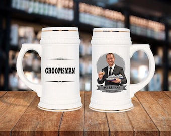 Personalized Caricature Groomsmen Stein Mug:  Wedding Party Gift
