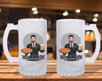 Personalized Caricature Groomsmen Frosted Beer Mug:  Wedding Party Gift