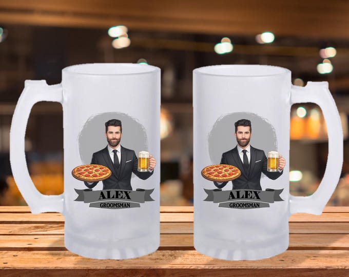 Personalized Caricature Groomsmen Frosted Beer Mug:  Wedding Party Gift