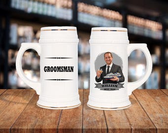 Personalized Caricature Groomsmen Beer Stein:  Wedding Party Gift