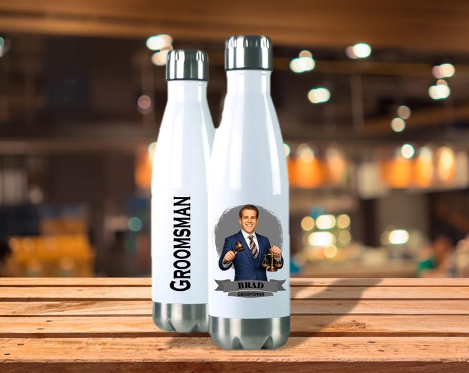 Personalized Caricature Groomsmen, Bridesmaid Insulated Wine Glass / Water Bottle:  Wedding Party Gift