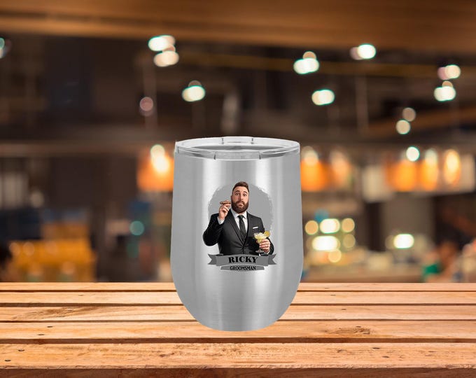 Personalized Caricature Groomsmen, Bridesmaid Insulated Wine Glass / Water Bottle:  Wedding Party Gift