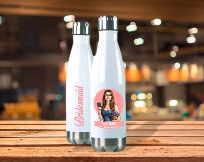 Personalized Caricature Groomsmen, Bridesmaid Insulated Wine Glass / Water Bottle:  Wedding Party Gift