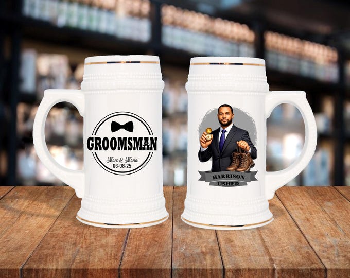 Personalized Caricature Groomsmen Beer Stein:  Wedding Party Gift