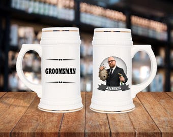 Personalized Caricature Groomsmen Beer Stein:  Wedding Party Gift