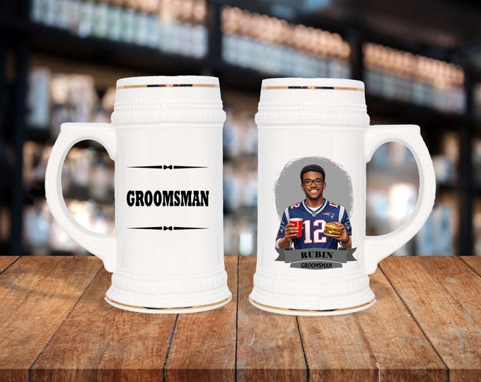 Personalized Caricature Groomsmen Beer Stein:  Wedding Party Gift