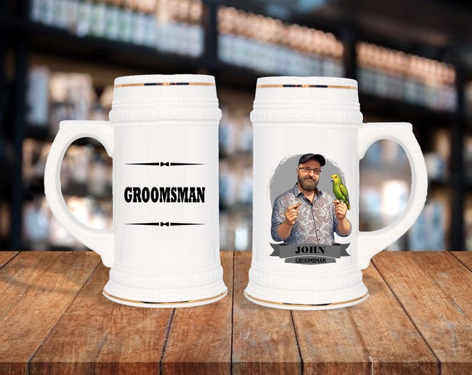 Personalized Caricature Groomsmen Beer Stein:  Wedding Party Gift