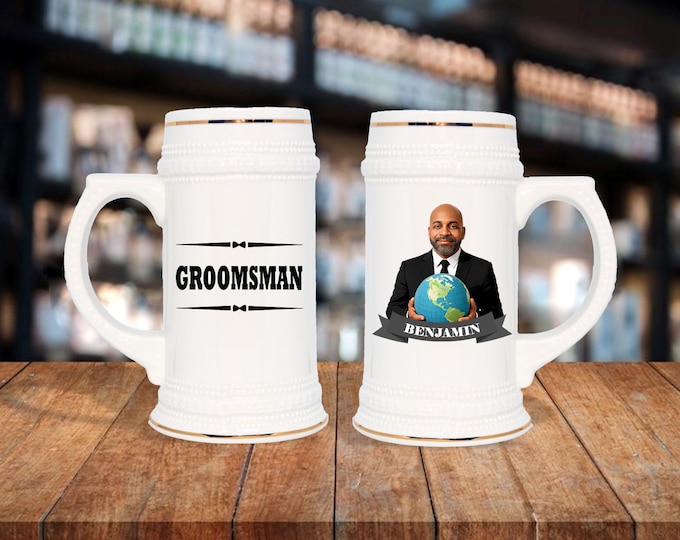 Personalized Caricature Groomsmen Beer Stein:  Wedding Party Gift