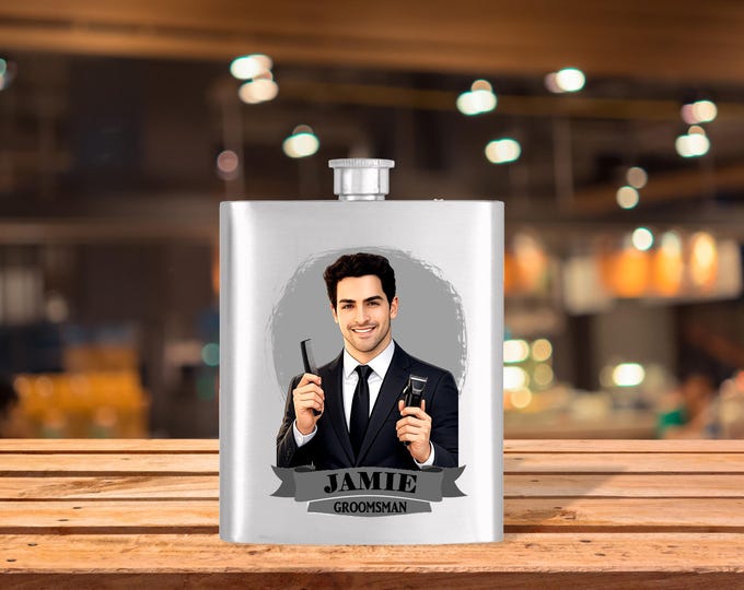 Personalized Caricature Groomsmen Stein Hip Flask:  Wedding Party Gift