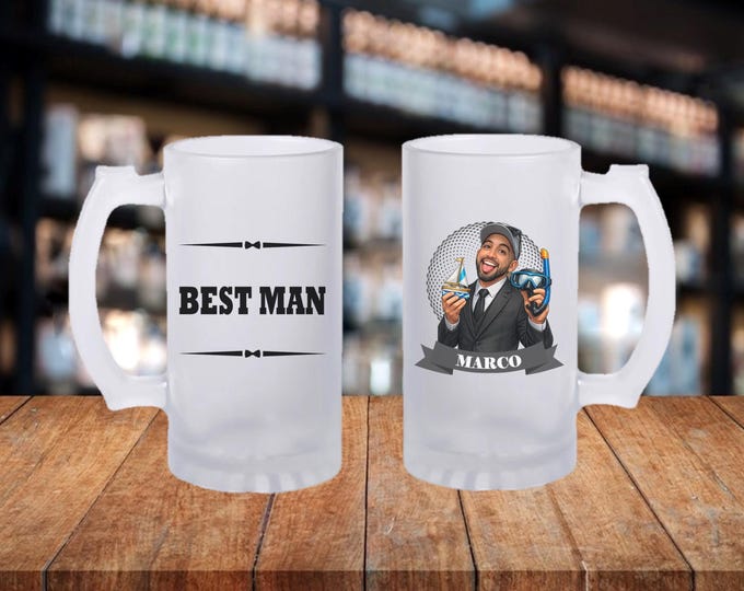 Personalized Caricature Groomsmen Frosted Beer Mug:  Wedding Party Gift