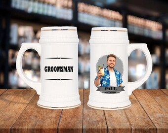 Personalized Caricature Groomsmen Stein Mug:  Wedding Party Gift