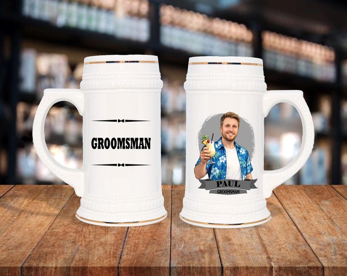 Personalized Caricature Groomsmen Stein Mug:  Wedding Party Gift