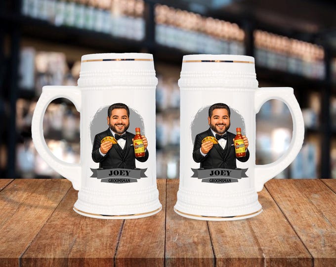 Personalized Caricature Groomsmen Stein Mug:  Wedding Party Gift