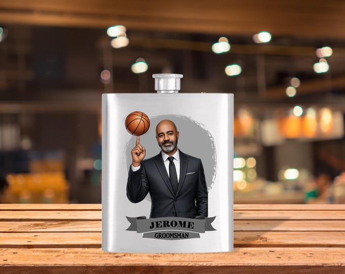 Personalized Caricature Groomsmen Stein Hip Flask:  Wedding Party Gift