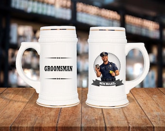 Personalized Caricature Groomsmen Stein Mug:  Wedding Party Gift