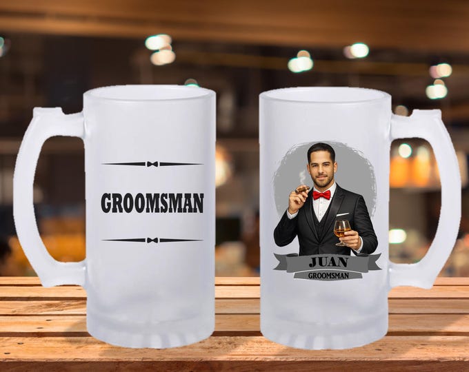 Personalized Caricature Groomsmen Frosted Beer Mug:  Wedding Party Gift
