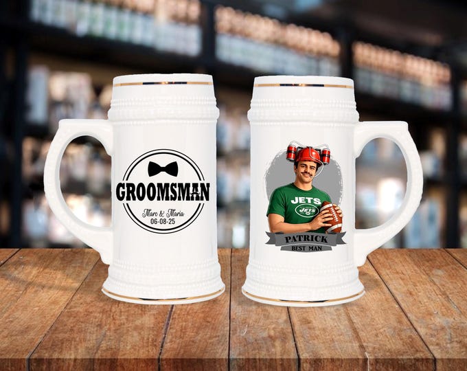 Personalized Caricature Groomsmen Beer Stein:  Wedding Party Gift