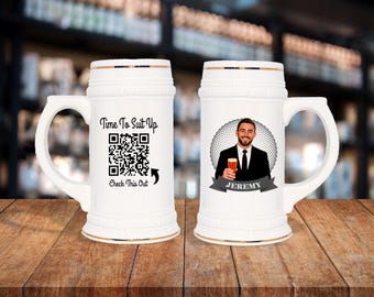 Groomsmen Gift Personalized German Style Stein Mug with QR Code Video Slide Show - Unique Wedding Party & Guy Gift Idea