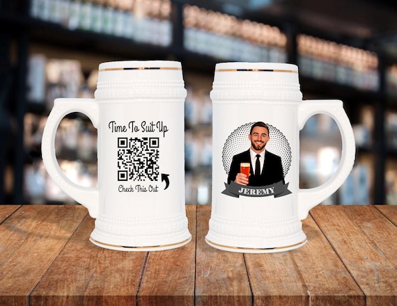 Personalized Caricature Stein Mug – Groomsmen Gift with QR Video
