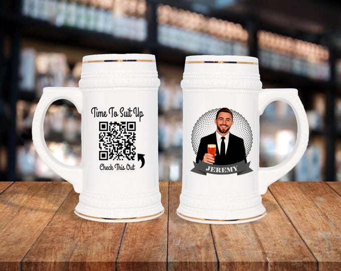 Personalized Caricature Stein Mug – Groomsmen Gift with QR Video