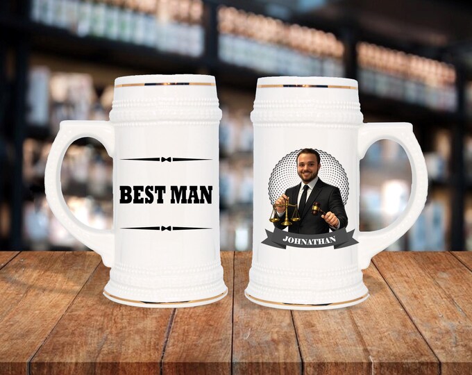 Personalized Caricature Groomsmen Stein Mug:  Wedding Party Gift