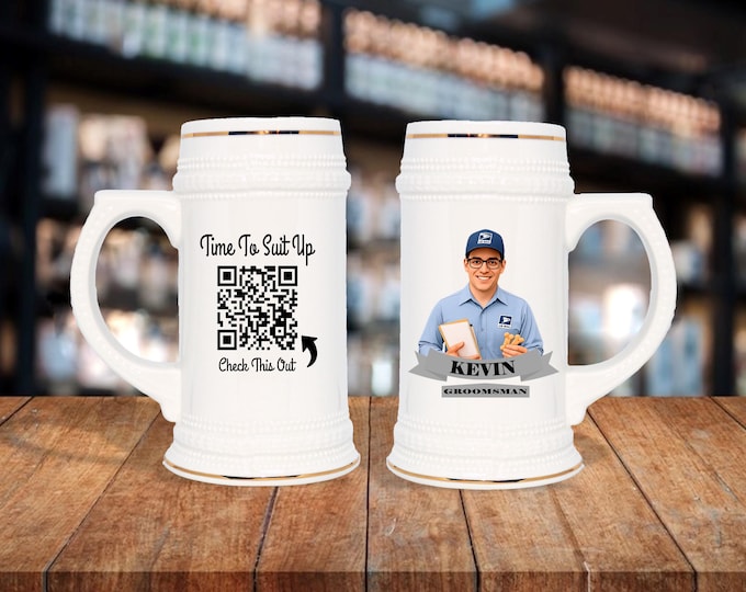 Personalized Caricature Stein – Custom Groomsmen Gift with QR Code
