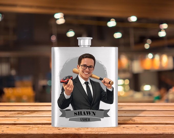 Personalized Caricature Groomsmen Hip Flask:  Wedding Party Gift