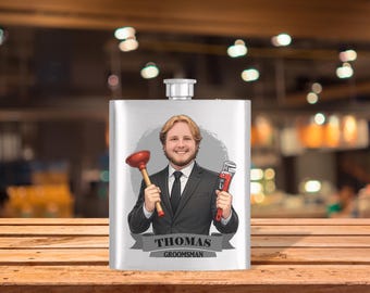 Personalized Caricature Groomsmen Hip Flask:  Wedding Party Gift
